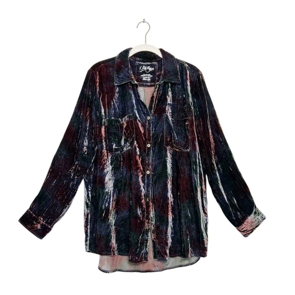 Kyla Seo Raeli Shirt Velvet Top in Deep Camo Tie Dye - Sz M - NWT